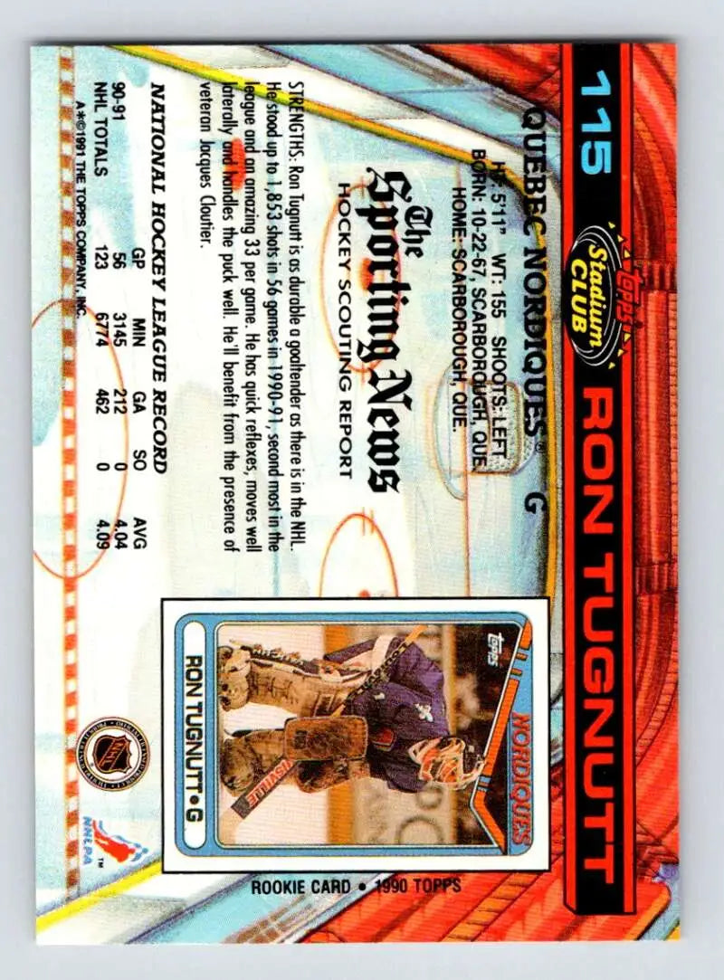 Ron Tugnutt Quebec Nordiques hockey card featuring player photo and game statistics