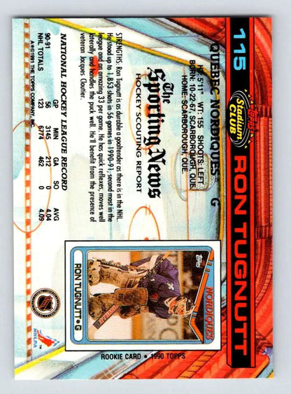 Ron Tugnutt Quebec Nordiques hockey card featuring player photo and game statistics