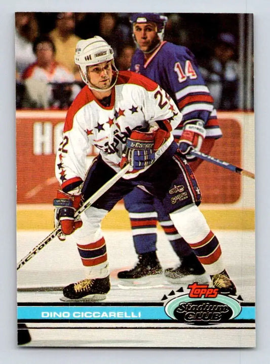 Hockey card of Dino Ciccarelli in white jersey with red stars for Washington Capitals
