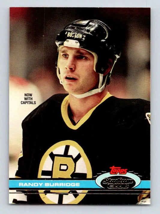 Hockey card of Randy Burridge in Boston Bruins jersey showcasing vintage player art