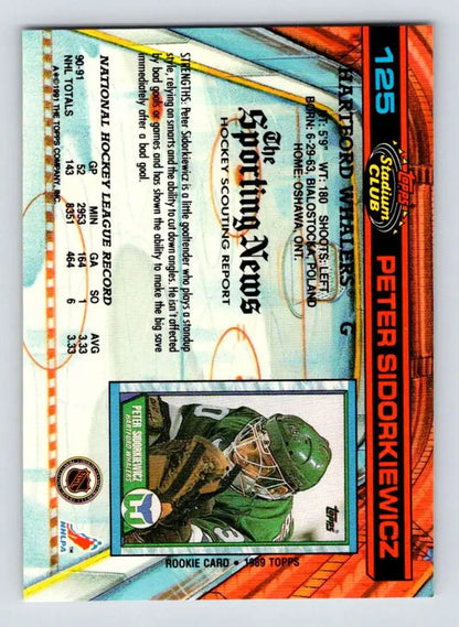 Hockey trading card featuring Peter Sidorkiewicz from the Hartford Whalers in vibrant design