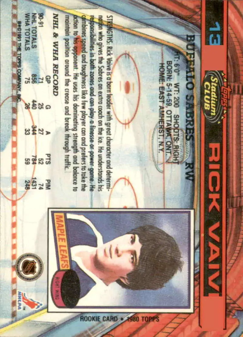 1991-92 Topps Stadium Club Rick Vaive Hockey Card featuring Buffalo Sabres player