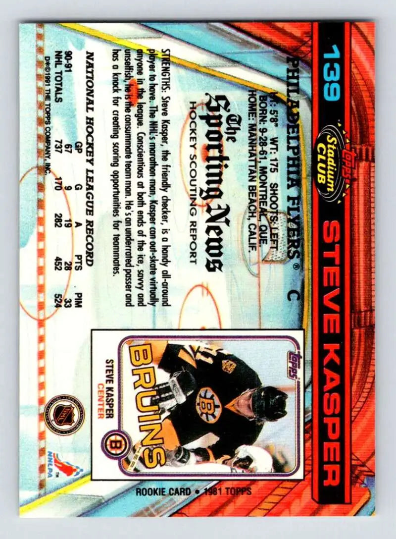 Hockey trading card of Steve Kasper in Boston Bruins black and gold uniform Topps Stadium Club