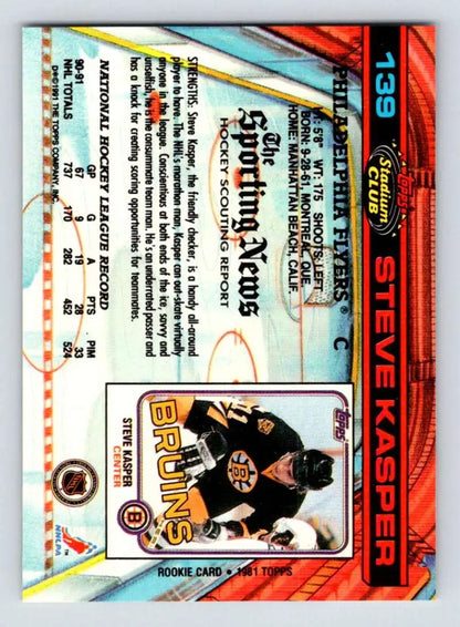 Hockey trading card of Steve Kasper in Boston Bruins black and gold uniform Topps Stadium Club