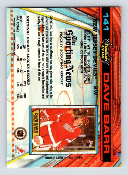 Dave Barr New Jersey Devils hockey card with red and blue design from 1991-92 Topps
