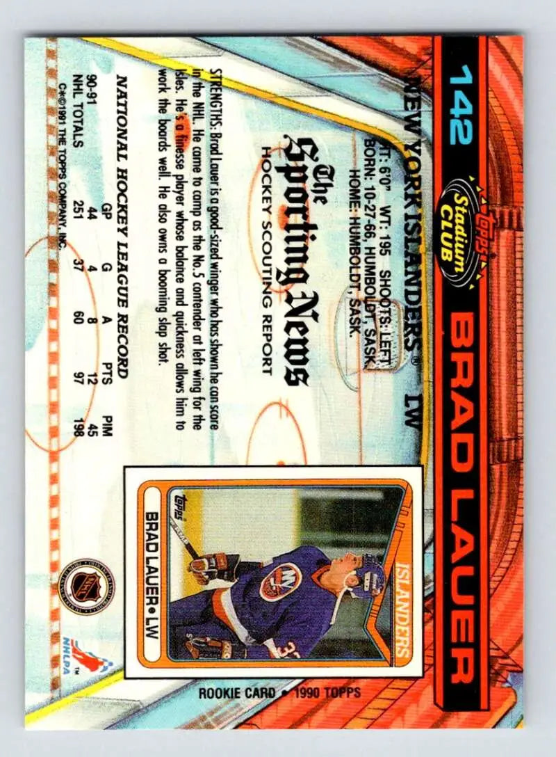 Trading card of Brad Lauer in blue jersey from Topps Stadium Club New York Islanders