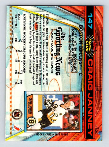 Sports trading card featuring Craig Janney and a Boston Bruins design in blue and orange