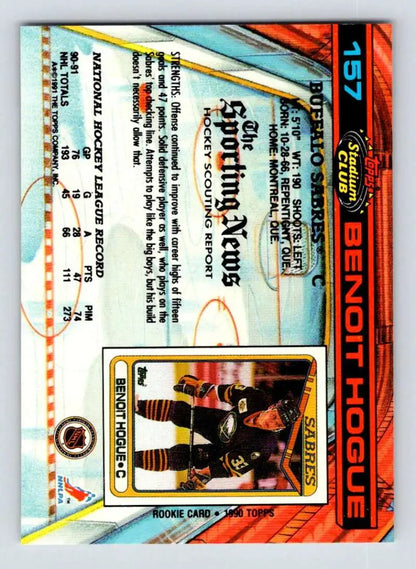 Benoit Hogue 1991-92 Topps Stadium Club hockey card with vibrant orange and blue design