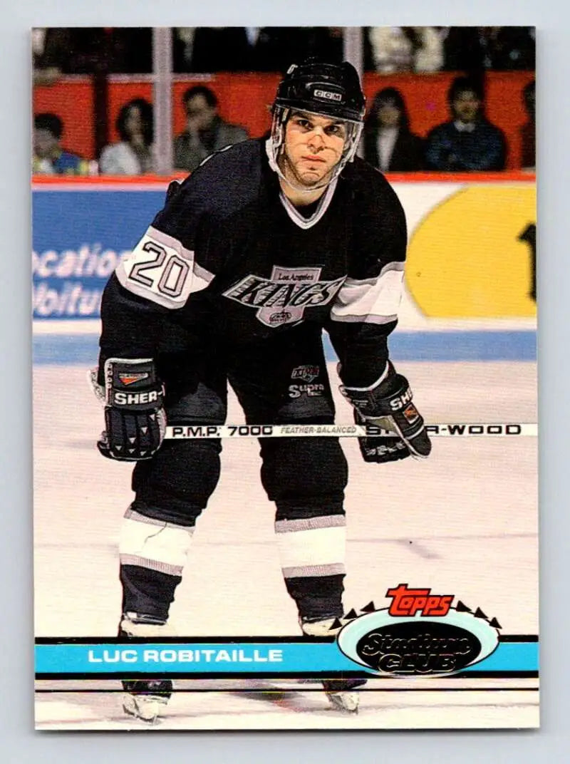 Hockey player in black Los Angeles Kings jersey number 20 for Luc Robitaille card
