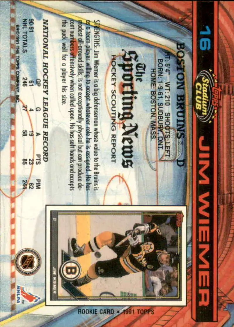 Hockey trading card of Jim Wiemer in Boston Bruins uniform from Topps Stadium Club
