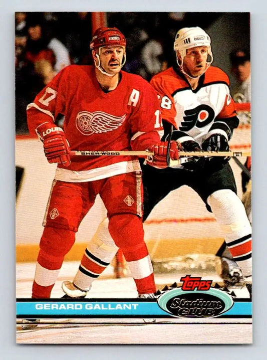 Hockey trading card featuring Gerard Gallant of the Detroit Red Wings in action