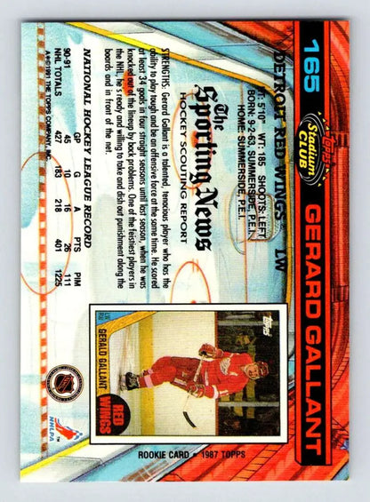 Trading card of Gerard Gallant in red Detroit Red Wings uniform from 1991-92 Topps