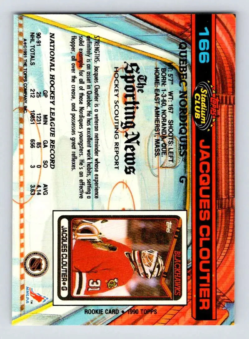 Metallic Quebec Nordiques Jacques Cloutier Hockey Card from Topps Stadium Club