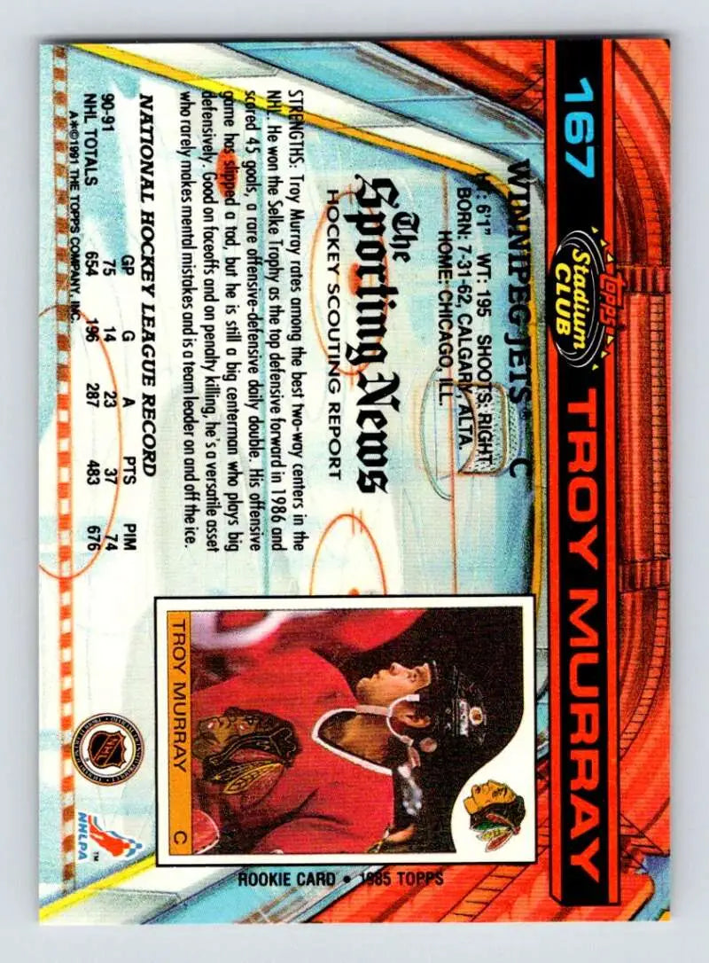 Hockey card of Troy Murray in red jersey, Winnipeg Jets, 1991-92 Topps Stadium Club