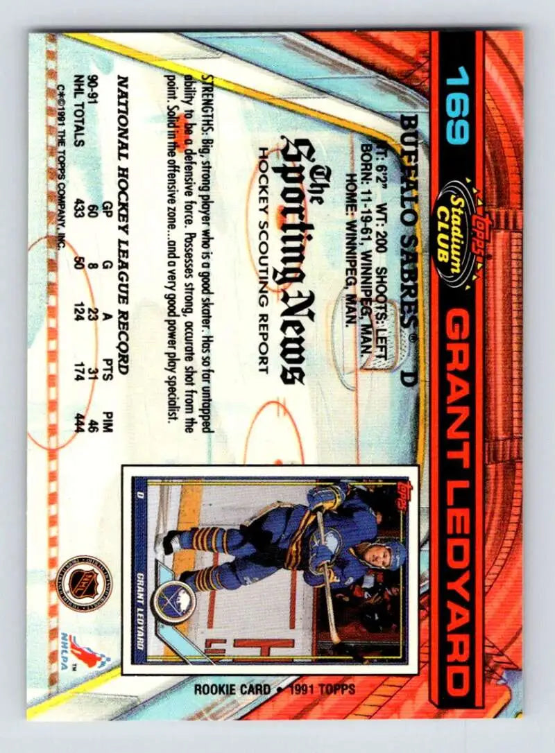 Grant Ledyard in blue uniform on ice, 1991-92 Stadium Club Buffalo Sabres card