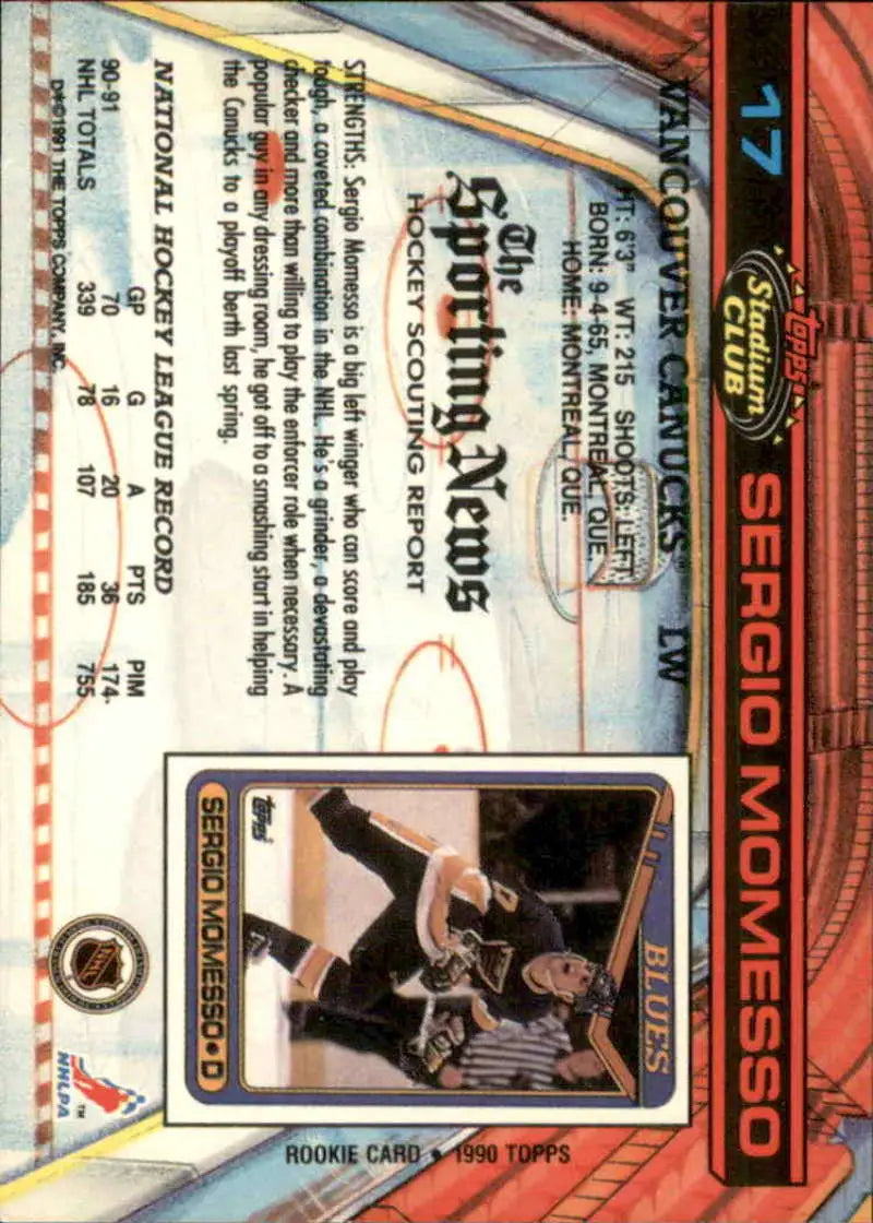 Sergio Momesso 1991-92 Topps Stadium Club Hockey Card Vancouver Canucks collectible