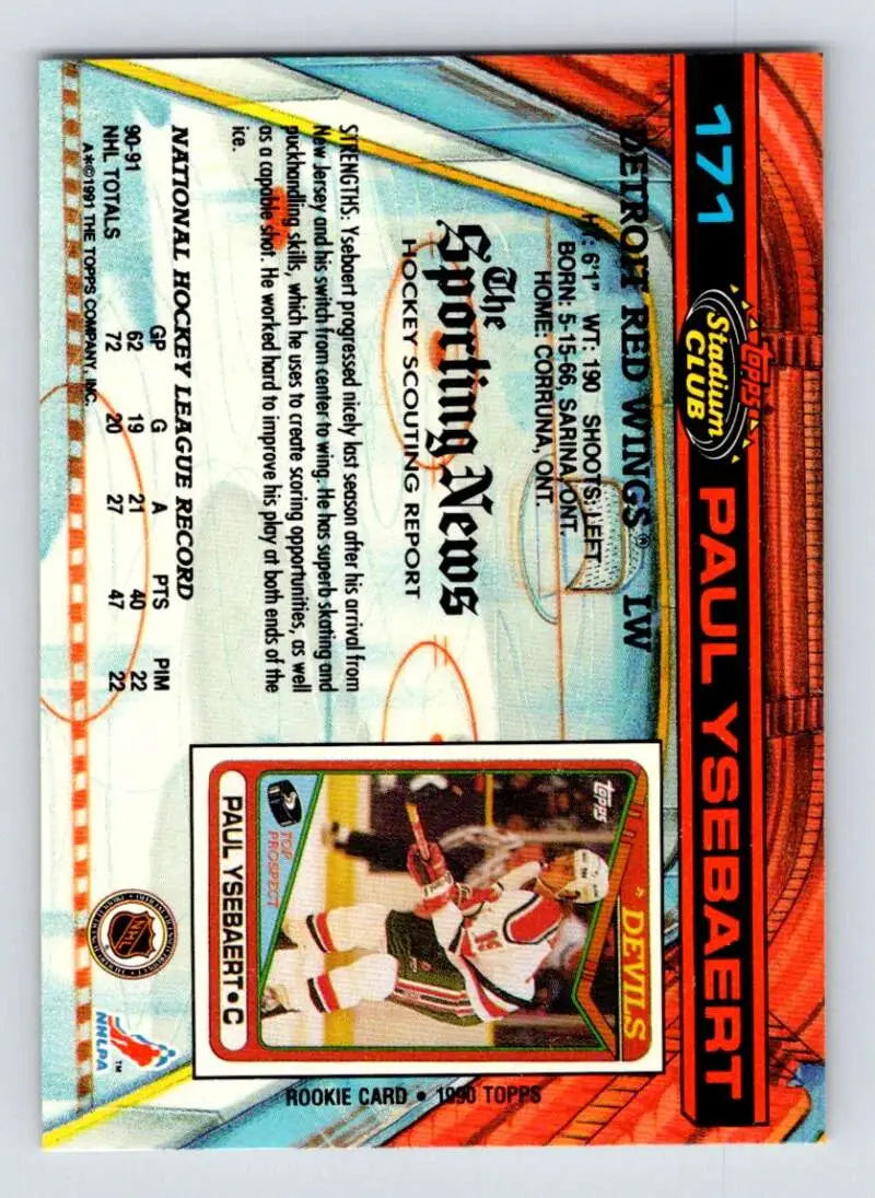 Baseball trading card featuring orange and blue design for Detroit Red Wings player