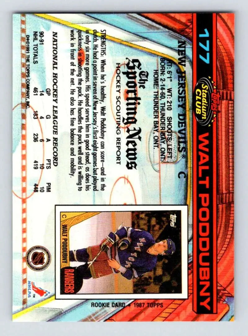 Trading card of Walt Poddubny in blue and yellow uniform from Topps Stadium Club