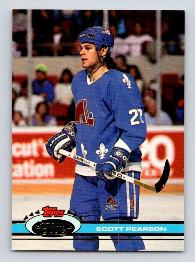 Hockey player in blue Quebec Nordiques jersey number 27 on Scott Pearson hockey card