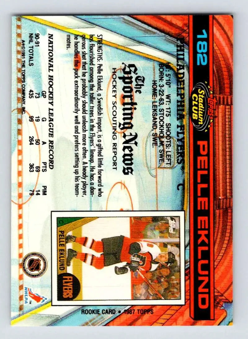 Pelle Eklund Philadelphia Flyers Stadium Club hockey card with orange and blue design