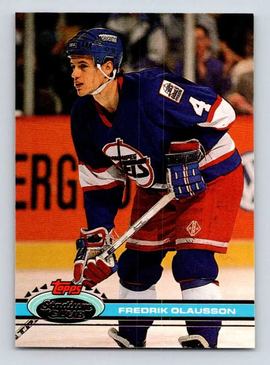 Hockey trading card of Fredrik Olausson in a blue Winnipeg Jets jersey, Topps Stadium Club