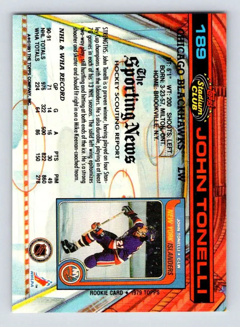 Hockey card of John Tonelli with orange and blue design for Chicago Blackhawks fans