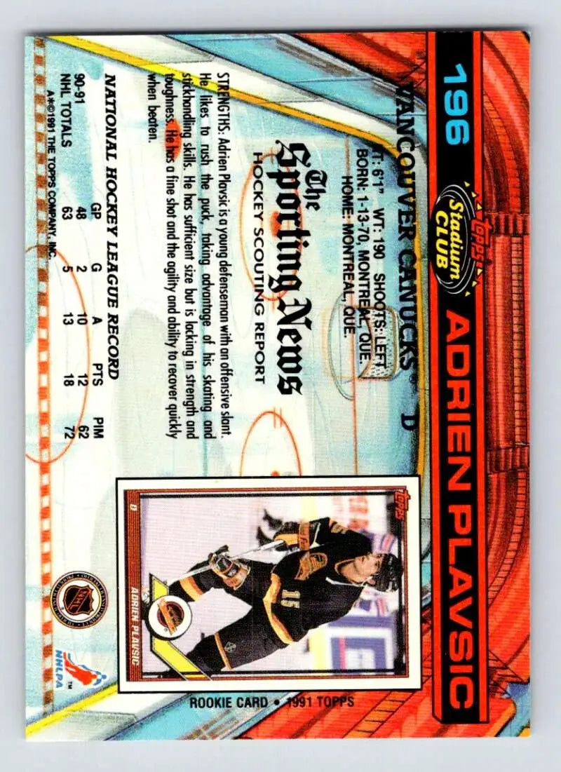 Hockey trading card featuring Adrien Plavsic, Vancouver Canucks, Topps Stadium Club design