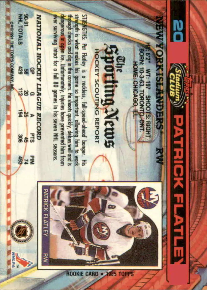 Pat Flatley New York Islanders hockey card from 1991-92 Topps Stadium Club series