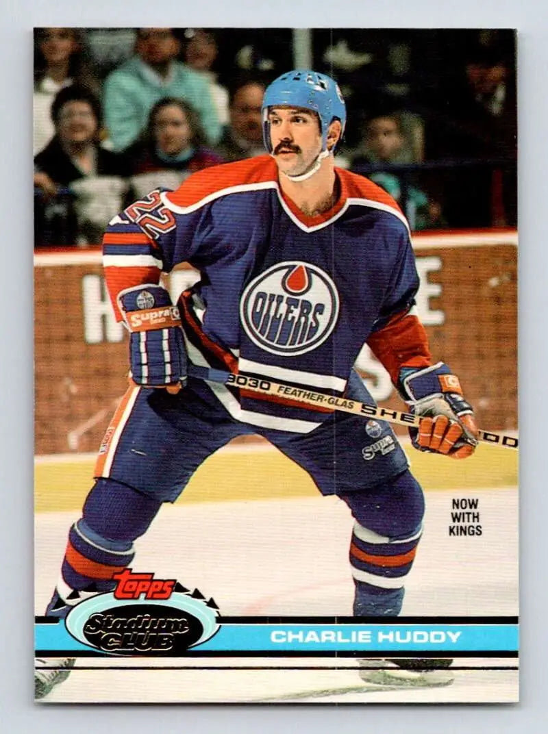 Hockey player in Edmonton Oilers jersey with mustache on Los Angeles Kings card