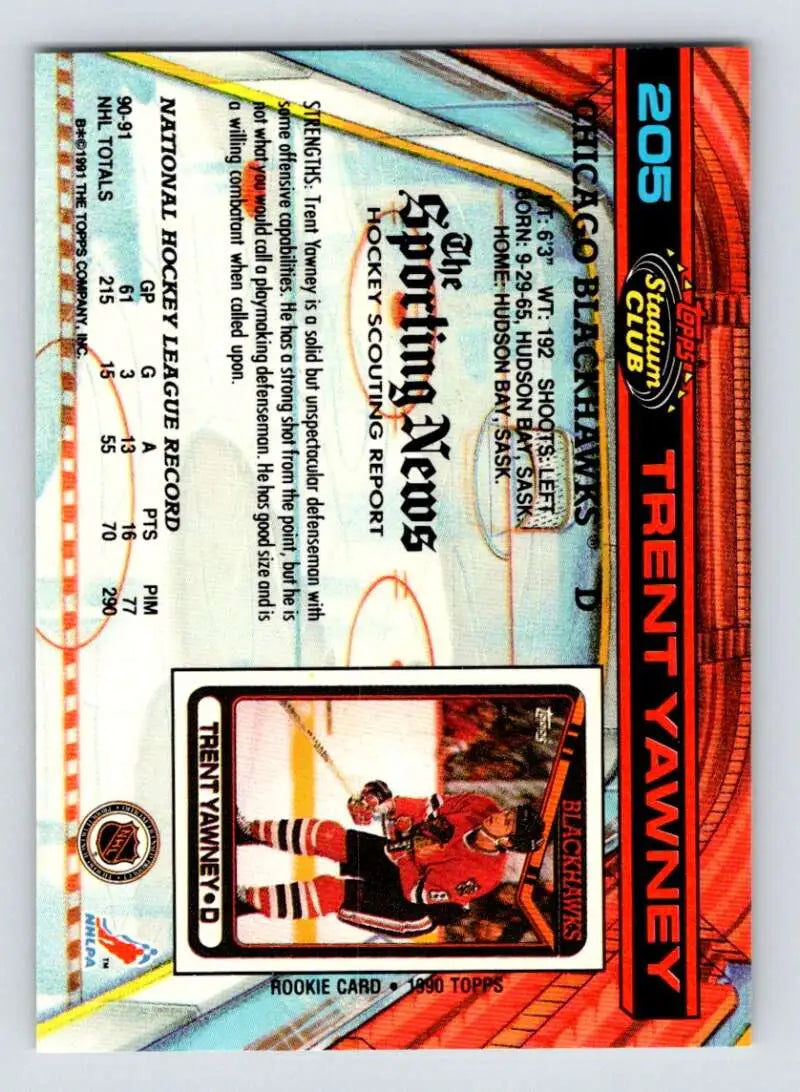 Hockey card featuring Trent Yawney with colorful design from Topps Stadium Club