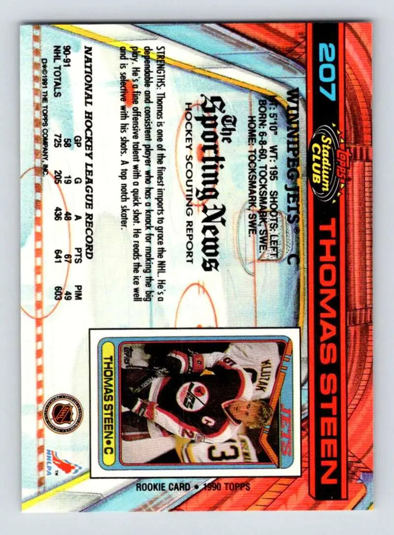 Thomas Steen Winnipeg Jets hockey card with red and blue design, player in black jersey
