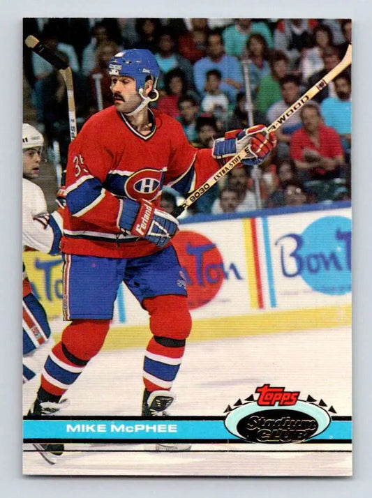 Hockey player in Montreal Canadiens uniform featured on Topps Stadium Club Mike McPhee card