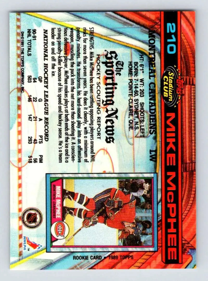 Mike McPhee 1991-92 Topps Stadium Club Hockey Card with red jersey Montreal Canadiens