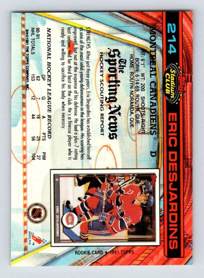 Hockey trading card featuring 1991-92 Topps Stadium Club #214 Eric Desjardins details