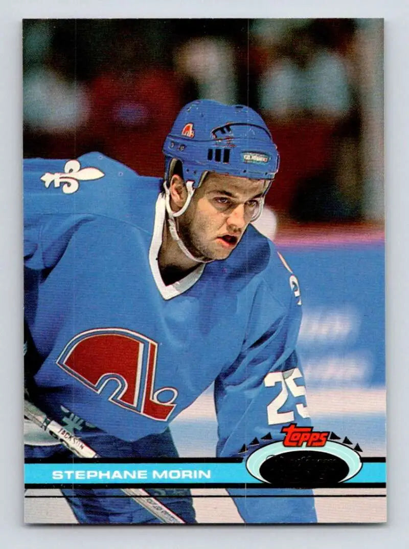 Hockey player in Quebec Nordiques jersey number 25 from Topps Stadium Club card featuring Stephane Morin