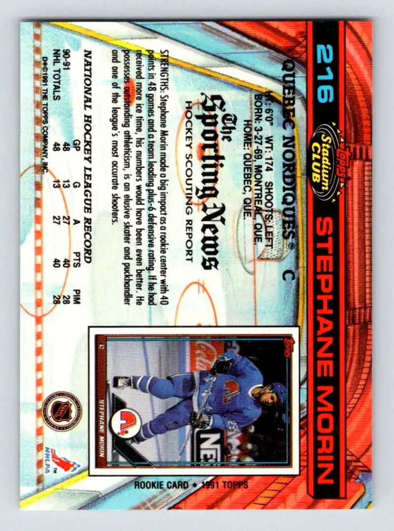 Stephane Morin Quebec Nordiques Hockey Card in blue and orange, Topps Stadium Club