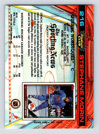 Stephane Morin Quebec Nordiques Hockey Card in blue and orange, Topps Stadium Club