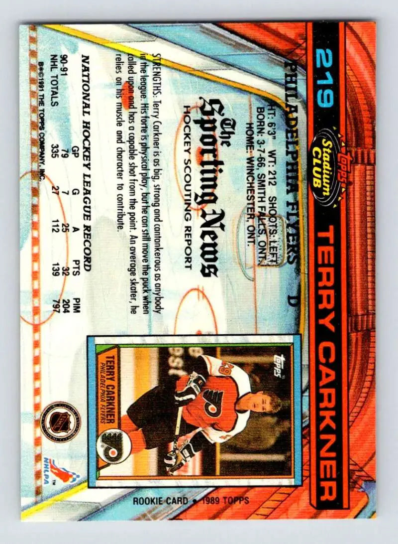 Terry Carkner Philadelphia Flyers hockey card in a 1991-92 Topps Stadium Club design