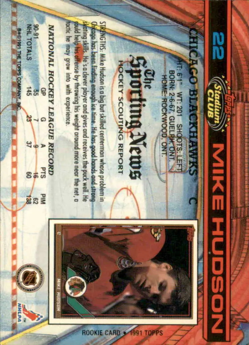 Mike Hudson Chicago Blackhawks hockey card featuring player photo and statistics