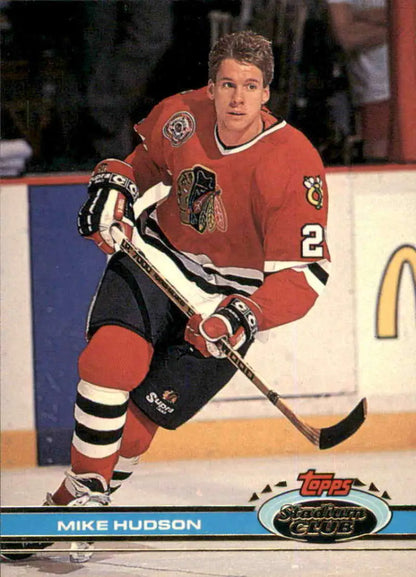 Hockey player in red Chicago Blackhawks jersey representing Mike Hudson hockey card
