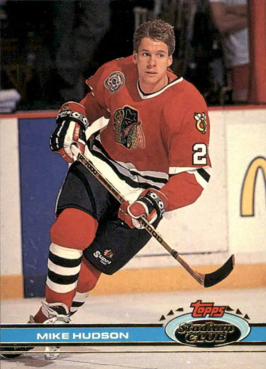 Hockey player in red Chicago Blackhawks jersey representing Mike Hudson hockey card