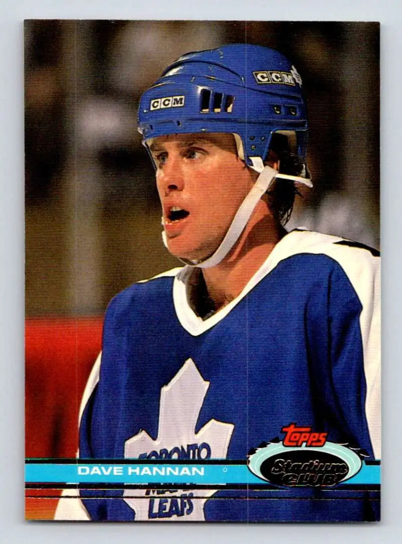 Hockey player in blue Toronto Maple Leafs jersey and helmet for Dave Hannan card