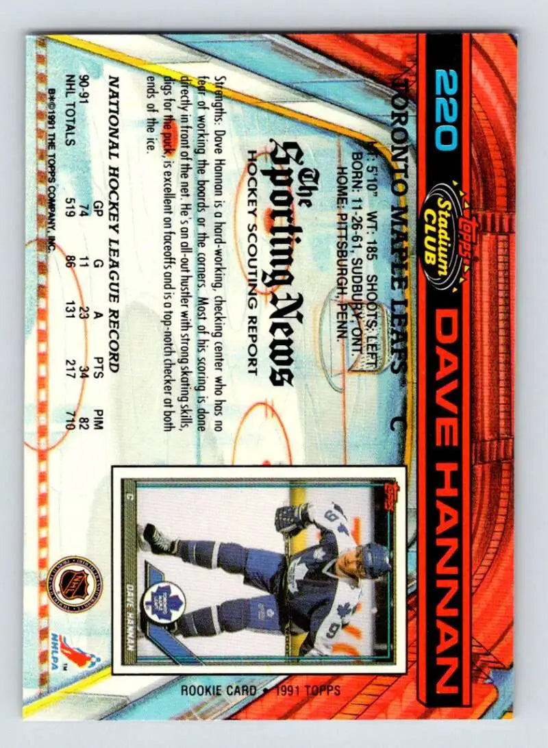 1991-92 Topps Stadium Club Dave Hannan Hockey Card featuring Toronto Maple Leafs design