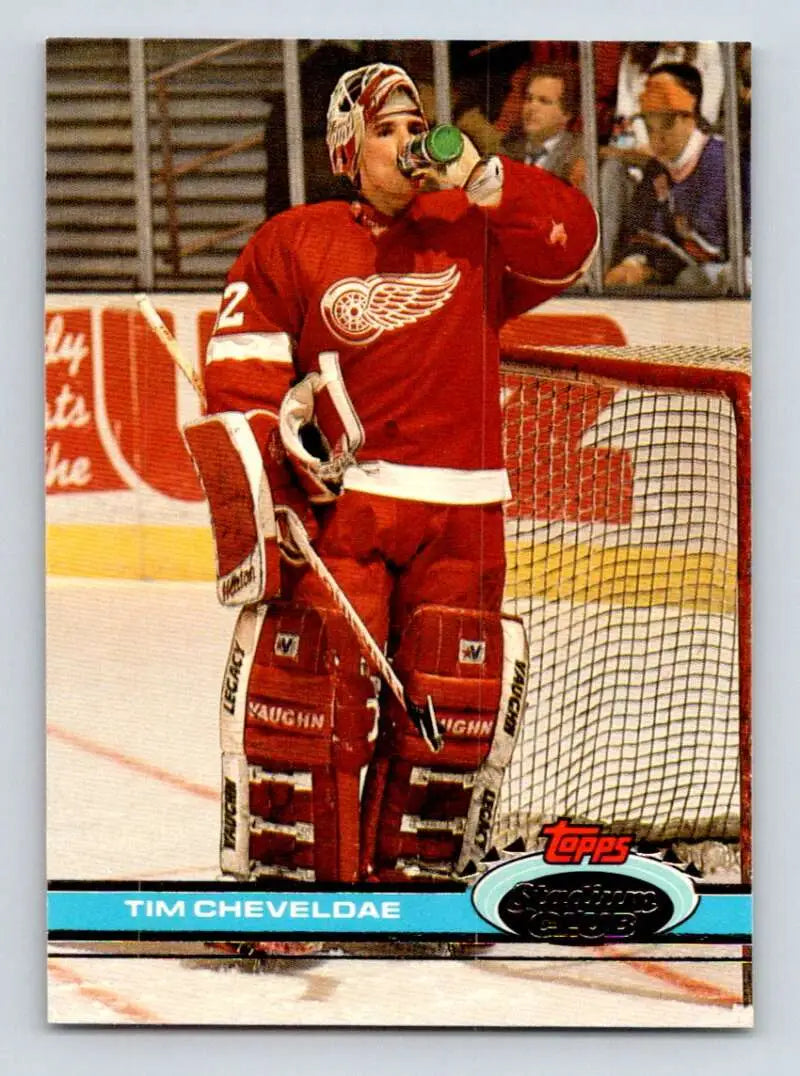 Detroit Red Wings goalie Tim Cheveldae in red uniform during game hydration
