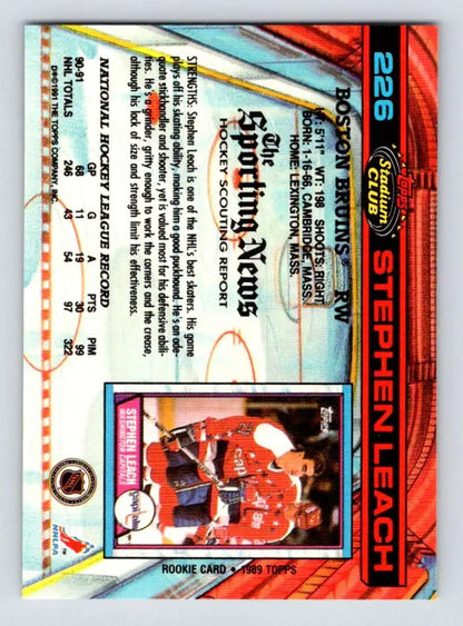 Trading card featuring Stephen Leach in a red uniform for Boston Bruins Hockey Card