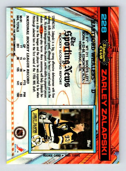 Sports trading card featuring Zarley Zalapski with orange and blue border design
