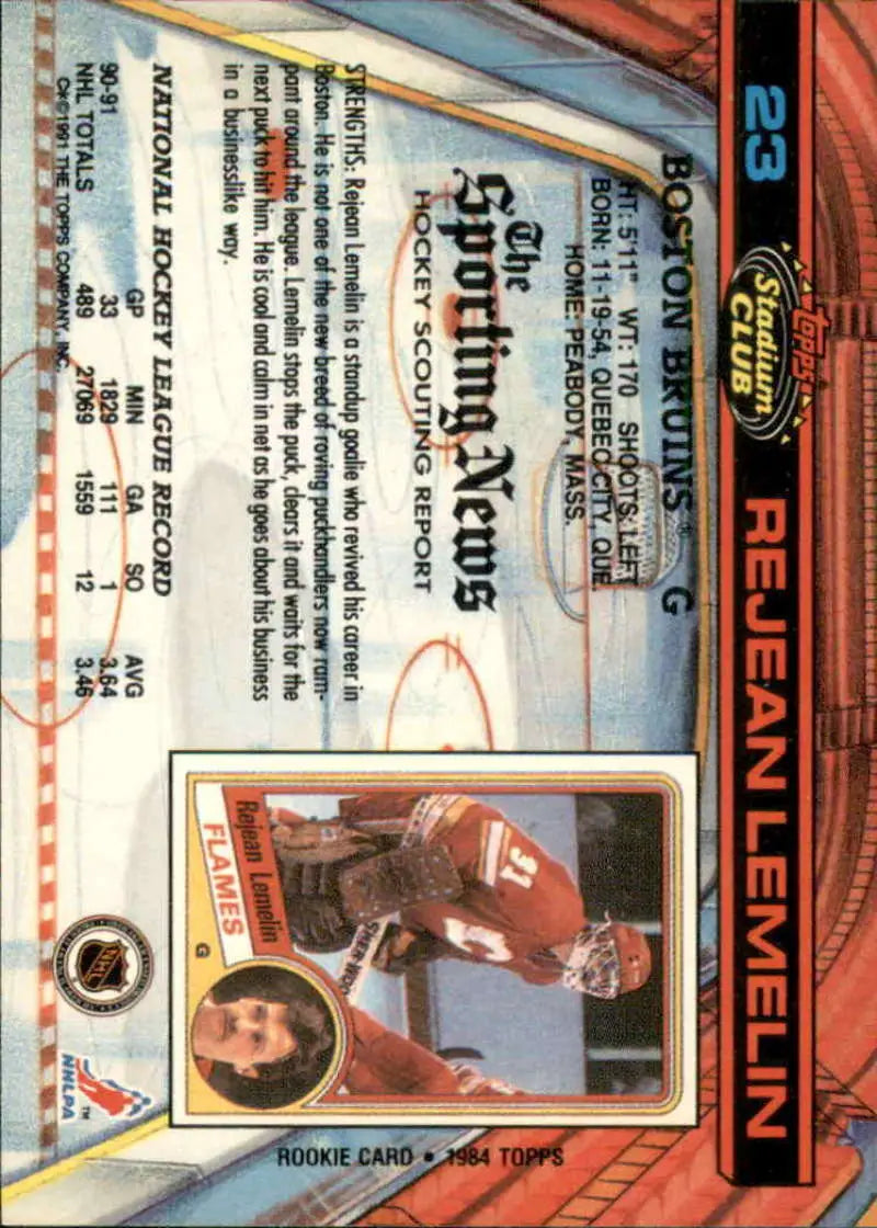 1991-92 Topps Stadium Club #23 Rejean Lemelin NM-MT Boston Bruins Hockey Card Image