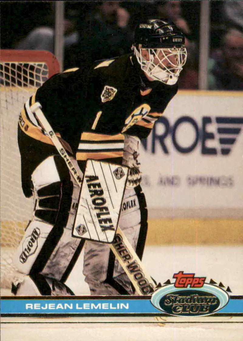 A hockey goalie in a Bruins jersey, highlighting Rejean Lemelin from Stadium Club