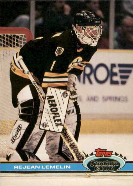 A hockey goalie in a Bruins jersey, highlighting Rejean Lemelin from Stadium Club