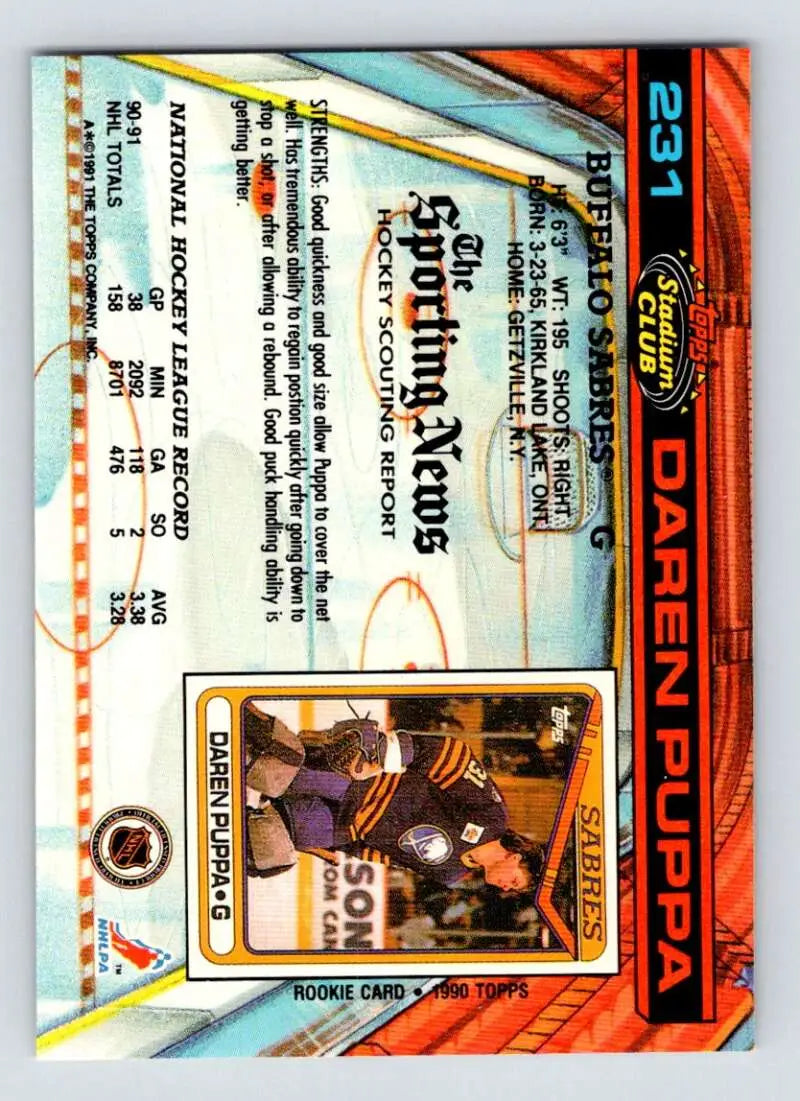 Daren Puppa 1991-92 Stadium Club Buffalo Sabres Hockey Card with striped border design